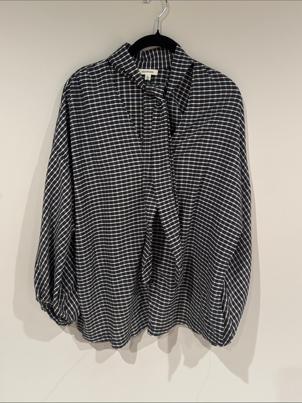 Max Studio Black and White Checked Button-Down Blouse